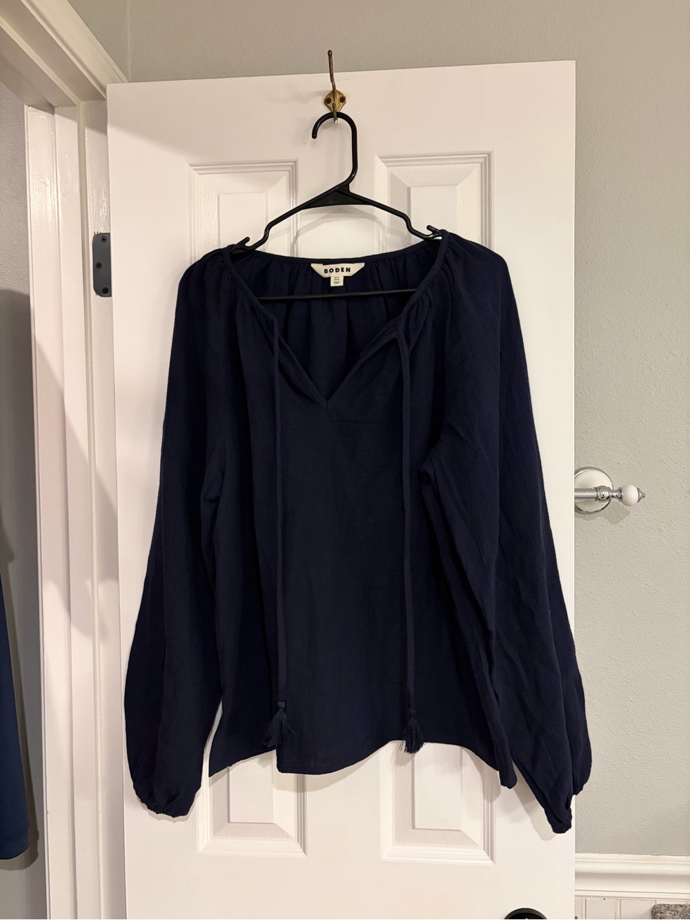 Boden Polly Peasant Blouse Navy Cotton Tassel Tie Boho 10